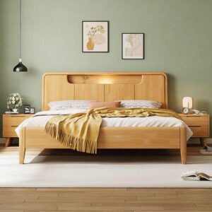 Lanmeng Island Modern Simple Rubber Wood Bed Queen King Size Solid Wood Bed Frame LED Light USB Port Design Style for Wooden Bedroom Set