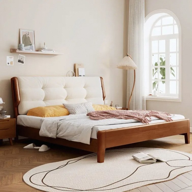Nordic Solid Wood Bed Soft Backrest Single