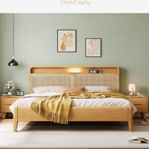 Lanmeng Island Modern Simple Queen & King Size Solid Wood Bedroom Set with Rattan Frame & Storage for Home Soft Bed Style for Apartment