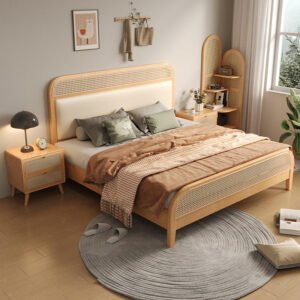 Lanmeng Island Modern Nordic Queen/King Size Double Bed Rattan Headboard with Solid Wood Frame Furniture for Bedroom Made From Rubber Wood