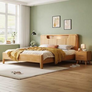 Lanmeng Island Hot Sales Nordic LED Light Simple Solid Rubber Wood Bed Frame Single & Double for Male Apartment Bedroom Rental Factory Sales