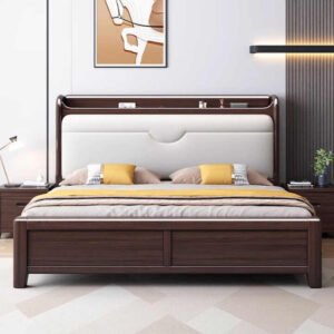 Lanmeng Island Modern Rubberwood King Double Bed with Soft Back High Box Storage Solid Wooden Frame Bedroom Furniture Set for Master Bedroom