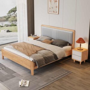Lanmeng Island Nordic Modern Double King Size Bed Frame Soft Backrest Multi-Functional Solid Wood Beds Simple Rubber Wood Bedroom Furniture