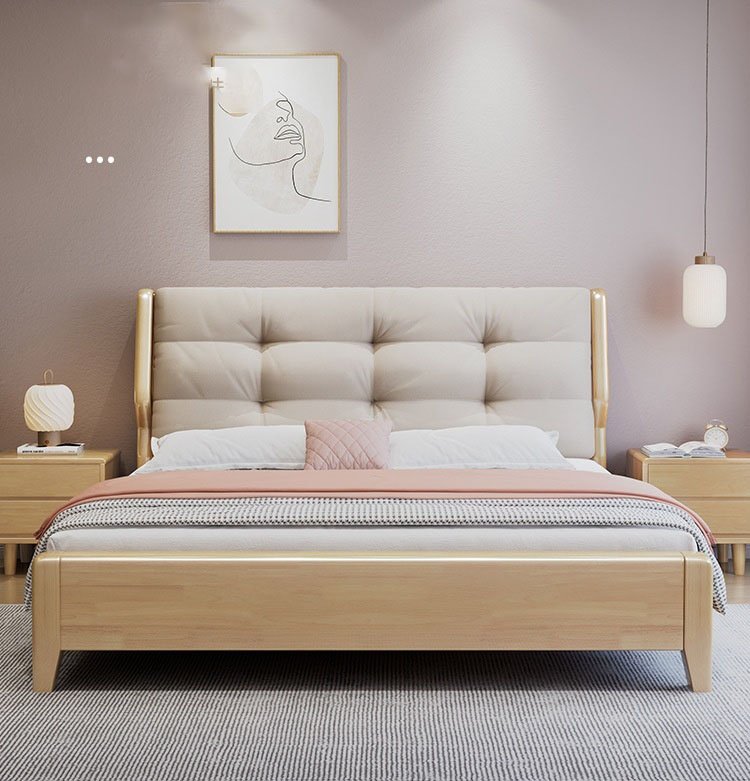 Lanmeng Island Modern Heavy-Duty Wood Headboard Double Bed Frame Multi-Functional Storage Home Furniture Bedroom Platform King Size Rubberwood