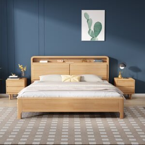 Lanmeng Island Modern Multifunctional Bed Frame Storage Headboard Solid Wood Bedroom Furniture Simple Design King Size Queen for Home Hotel