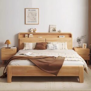 Lanmeng Island Customizable Modern Solid Wood King Size Bed with High Box Storage & Multi-Functional USB Light Soft Bedroom Design