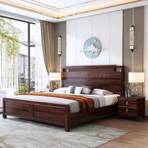 Lanmeng Island Modern Double Bed with Solid Wood Frame King Size Ebony Bed Storage Side Drawers for Home Bedroom for Home or Hotel Bedrooms