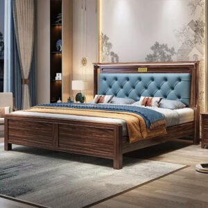 Lanmeng Island Modern Solid Wood Furniture Bedroom Storage Double Bed High Headboard Design king Bed Ebony Frame Wooden Bed for Hotel Bedroom