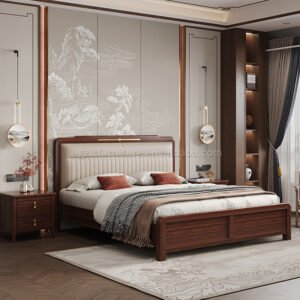 Lanmeng Island Modern King Queen Bed High Box Storage Soft Bag Backrest Double Ebony Bed Multi-Functional Solid Wood Bedroom