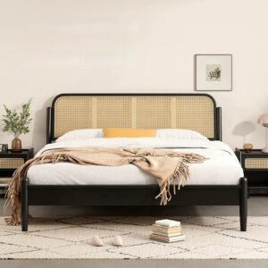 Lanmeng Island Modern High Quality Nordic Queen/King Size Bed Rattan Headboard with Black Solid Wood Frame Furniture for Bedroom Set Hotel Home