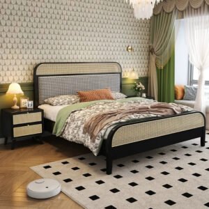 Lanmeng Island Modern Black Nordic Queen/King Size Double Bed Rattan Fabric Headboard with Storage Solid Wood Frame Furniture for Bedroom Home
