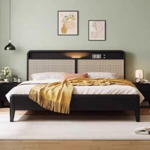 Lanmeng Island Wholesale Simple Queen King Size Black Solid Wood Bedroom Set with Rattan Frame Storage for Home LED Light Bed for Apartment