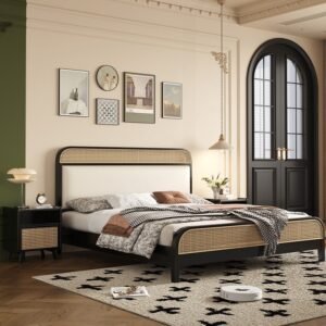 Lanmeng Island Modern Nordic Queen/King Size Black Bed Rattan Headboard with Solid Wood Frame Furniture for Bedroom Made From Rubber Wood