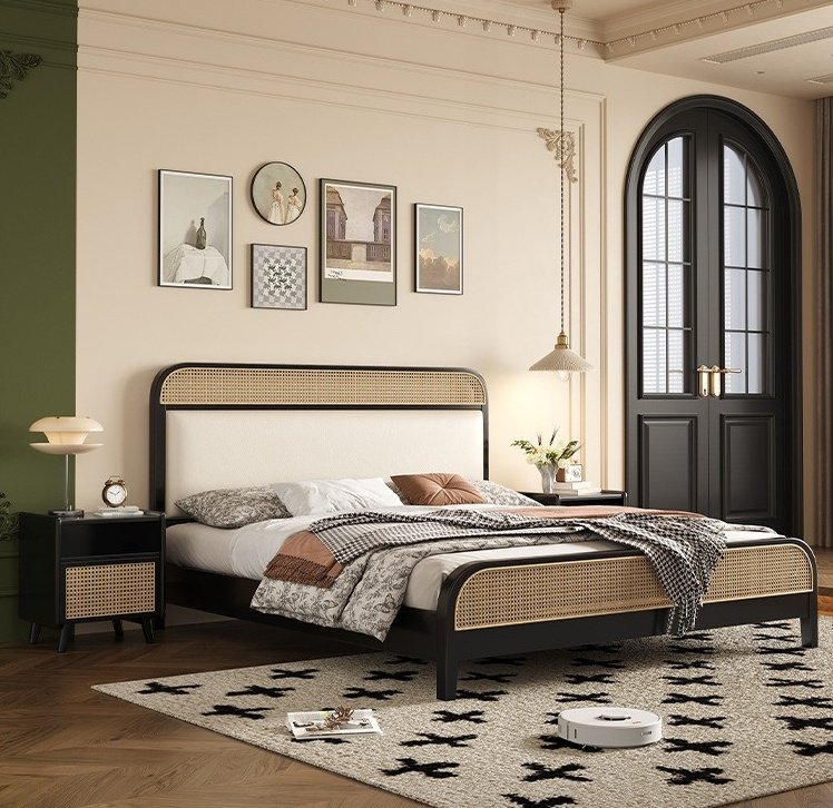 Modern Nordic Queen/King Size Black Bed Rattan