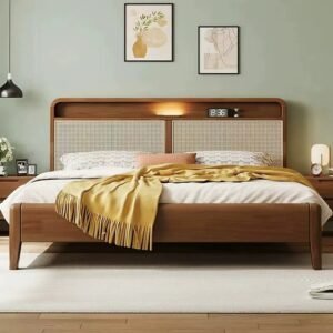 Lanmeng Island Modern Simple Queen & King Size Walnut Wood Color Bedroom Set with Rattan Frame & Storage for Home Soft Bed Style for Apartment