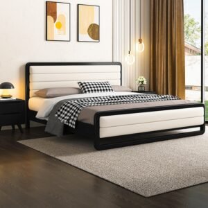 Lanmeng Island Modern Black Queen/King Size Artificial Leather Bed with Soft Headboard Solid Wood Frame Nordic Style Furniture for Bedroom Home