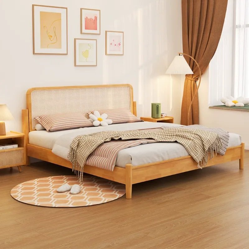 Lanmeng Island High Quality Nordic Queen/King Size Black Bed Rattan Headboard Solid Wood Frame Furniture for Bedroom Set Hotel Home Wholesale