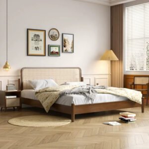 Lanmeng Island High Quality Walnut Color Nordic Queen/King Size Rattan Headboard Solid Wood Frame for Bedroom Furniture Hotel Home Wholesale
