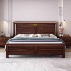Lanmeng Island Solid Wood Modern Ebony Double Bed Frame Simple Design for Home & Hotel Use King Size Multi-Functional & Foldable Storage