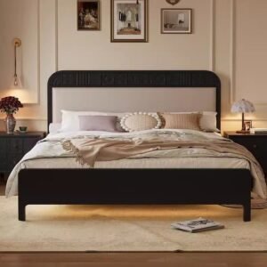 Lanmeng Island High Quality Modern Nordic Queen/King Size Double Black Bed Soft Headboard with Solid Wood Beds Frame for Bedroom Furniture Set