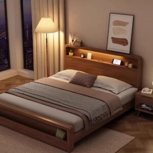 Lanmeng Island High Quality Modern Nordic Queen/King Double Bed Led Light Headboard with Solid Wood Beds Frame Bedroom Furniture Set Wholesale