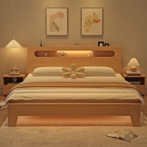 Lanmeng Island High Quality Nordic Queen/King Double Bed Led Light Headboard with Solid Wood Beds Frame Bedroom Furniture Set Manufacturer