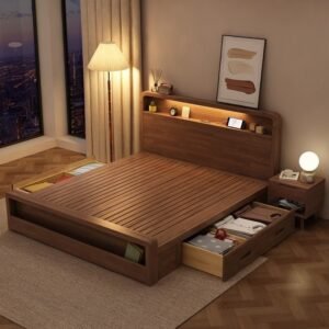 Lanmeng Island High Quality Nordic Queen/King Double Bed Led Light Headboard Solid Wood Beds Storage Frame Bedroom Furniture Set Wholesale