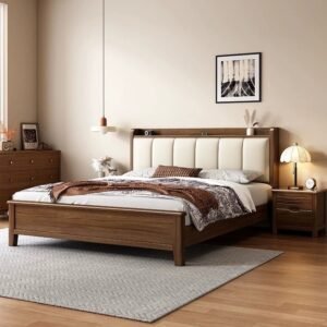 Lanmeng Island Modern Style King Size Lighted Solid Wood Double Bed with Multifunctional & Storage for Hotels Manufactured Bedroom Furniture