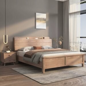 Lanmeng Island Modern Style King Ash Beds Lighted Solid Wood Double Bed with Multifunctional Storage for Hotels Manufactured Bedroom Furniture