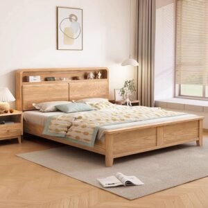 Lanmeng Island Modern Storage Backrest King Lighted Ash Beds Frame Solid Wood Double Bed with Multifunctional Manufacture Bedroom Furniture