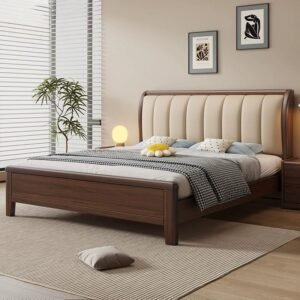 Lanmeng Island Modern Comfortable Backrest King Queen Beds Frame Solid Wood Double Bed with Multifunction Bedroom Furniture Manufacture OEM