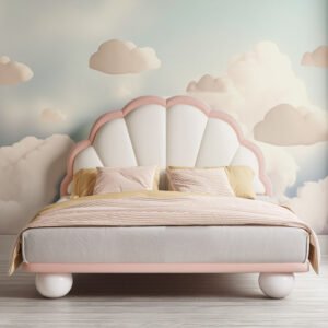 Lanmeng Island New Modern Single Kids Bed with Fabric Wooden Frame Child Up-Holstered Bedroom Furniture Soft Style Children's Bed for Girl
