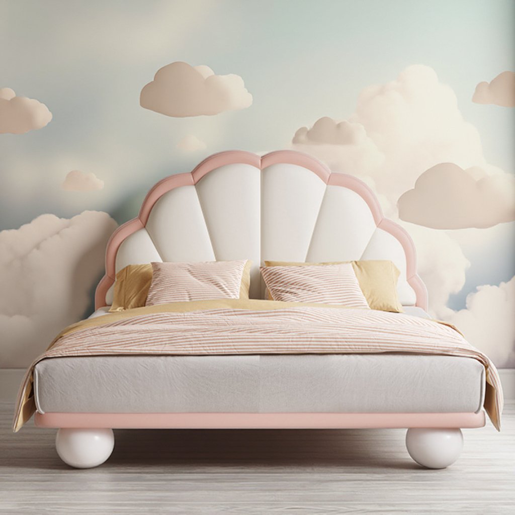 Lanmeng Island New Modern Single Kids Bed with Fabric Wooden Frame Child Up-Holstered Bedroom Furniture Soft Style Children's Bed for Girl