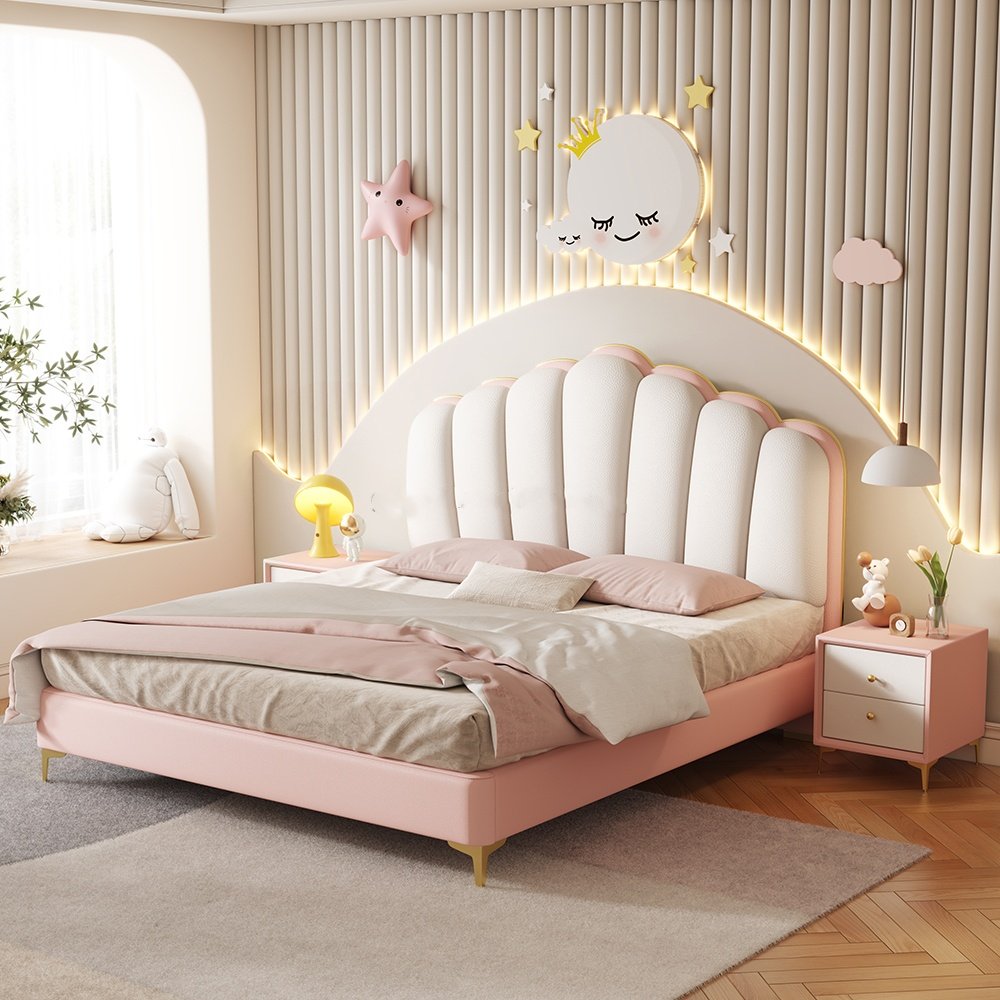 Lanmeng Island New Modern Single Kids Bed with Revolving Wooden Frame Up-Holstered Bedroom Furniture Soft Style Children's Bed for Girl Child