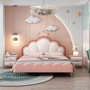 Lanmeng Island Modern Single Kids Bed with Revolving Wooden Frame Up-Holstered Bedroom Furniture Soft Style Children's Bed for Girl Child