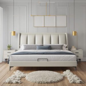 Lanmeng Island Modern Customizable Soft PU Leather Bed Frame for Kids Reversible Wooden Bedroom Furniture for Boys Girls Direct From Factory