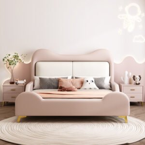 Lanmeng Island Manufacturer Customizable Modern Design Solid Wooden Platform Bed Frame with Leather Fabric Headboard Ottoman Gas Lift Kids