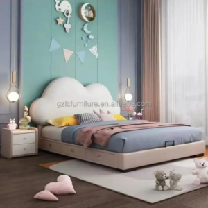 Lanmeng Island Modern Simple Children's Synthetic Leather Upholstered Bed Boys Girls Cloud Model Inspired Solid Wood Frame for Kids' Bedroom