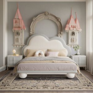 Lanmeng Island French Fairy Tale Floating Princess Bed for Kids Modern Simple Cloud Cloth Bed with Wooden Frame Soft Style for Children's Room