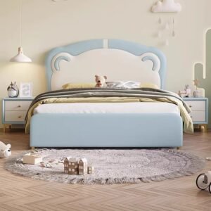 Lanmeng Island Synthetic Leather Bear Bed Girls Boys Modern Double Size Bedroom Furniture Soft Wooden Upholstered Bed Wholesale Cartoon Beds