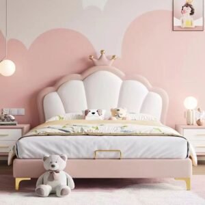 Lanmeng Island Modern Simple Leather Bed with Cream Crown Style Luxurious Girls and Boys Storage Bed for Children's Princess Prince Bedroom