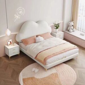 Lanmeng Island Nordic Modern Synthetic Leather Leather Princess Bed for Boys Girls Single Bed with Solid Wooden Panel Frame Soft Comfortable