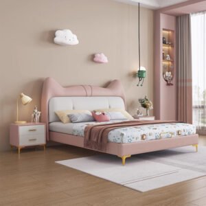 Lanmeng Island Modern Simple Single Children's Wooden Bed with Leather Protector Fence & Storage Box for Princess and Prince Bedroom Decor
