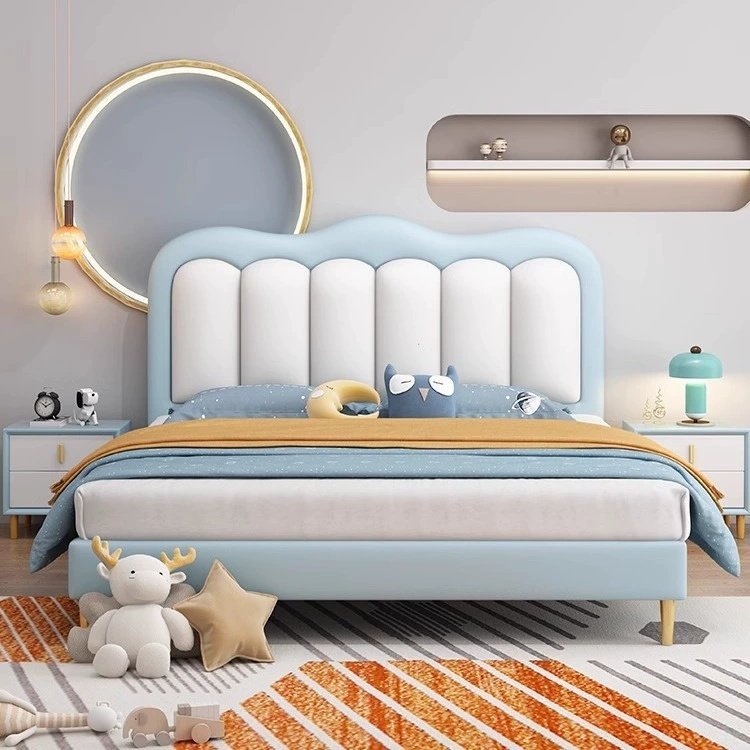Lanmeng Island Wholesale New Modern Blue Kids Bed Wooden Frame Beds Pink Up-Holstered Bedroom Furniture Soft Style Children's Bed for Girl Boy