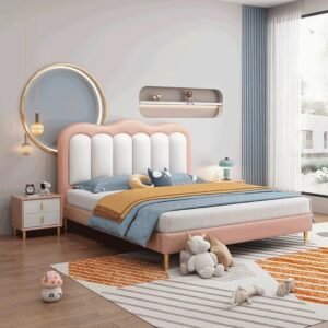 Lanmeng Island Wholesale New Modern Full Girl Kids Bed Wooden Frame Beds Pink Up-Holstered Bedroom Furniture Soft Style Children's Bed for Boy