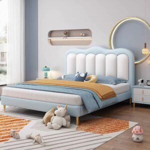Lanmeng Island Wholesale Modern Blue Kids Colorful Beds Pink Wooden Frame Up-Holstered Bedroom Furniture Soft Style Children's Bed for Girl Boy