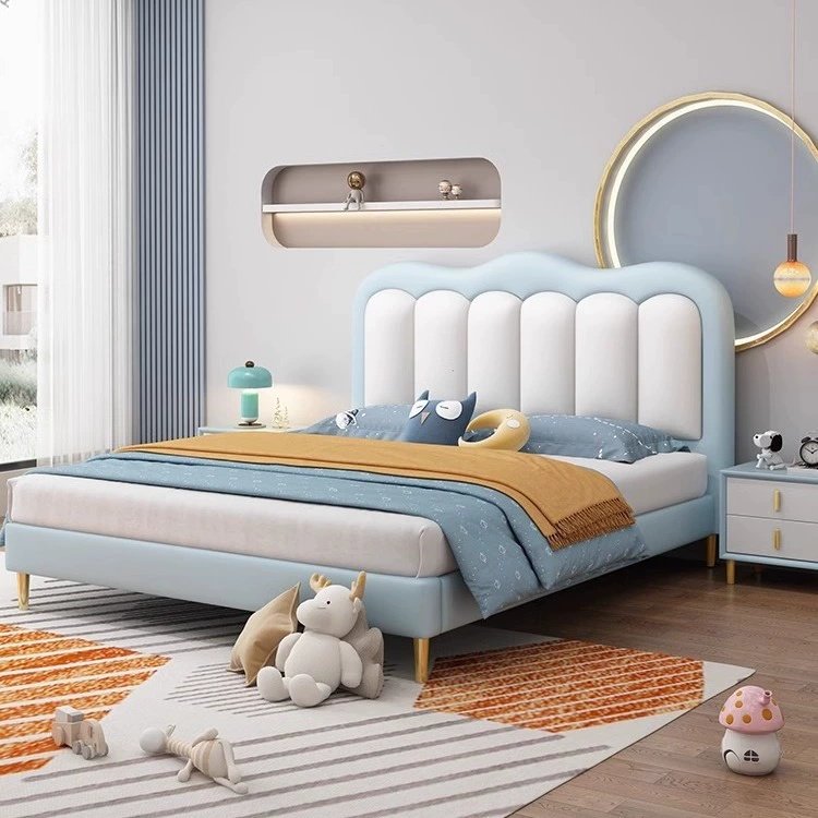 Lanmeng Island Wholesale Modern Blue Kids Colorful Beds Pink Wooden Frame Up-Holstered Bedroom Furniture Soft Style Children's Bed for Girl Boy