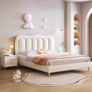 Lanmeng Island High Quality Modern Kids Bed White Wooden Frame Beds Color Up-Holstered Bedroom Furniture Soft Style Children's Bed for Girl Boy
