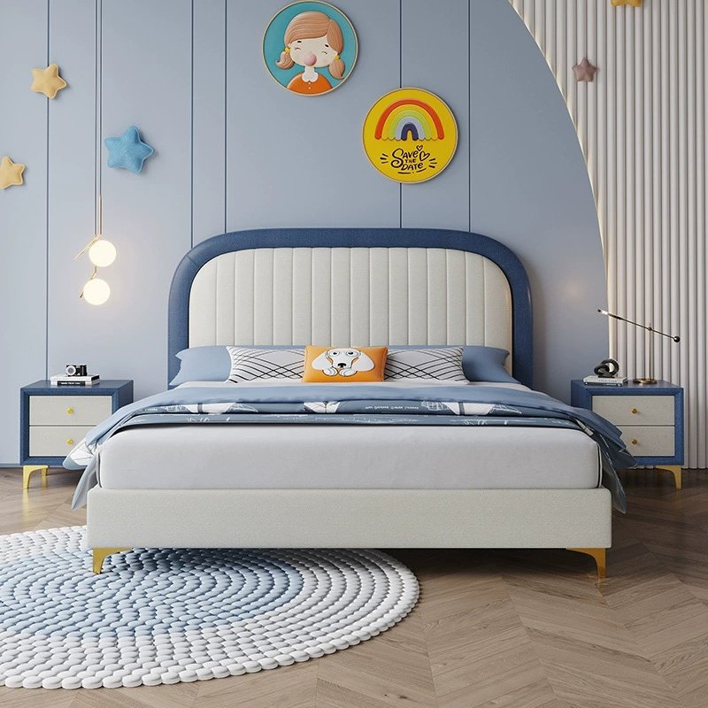 Lanmeng Island Boy Modern Twin Blue Bed Kids Wooden Frame Beds Up-Holstered Full Size Bedroom Furniture Soft Style Children's Bed for Girl Boy