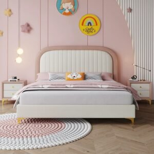 Lanmeng Island Wholesale Twin Children's Pink Bed Modern Kids Wooden Frame Beds Up-Holstered Full Size Bedroom Furniture Soft Bed for Girl Boy